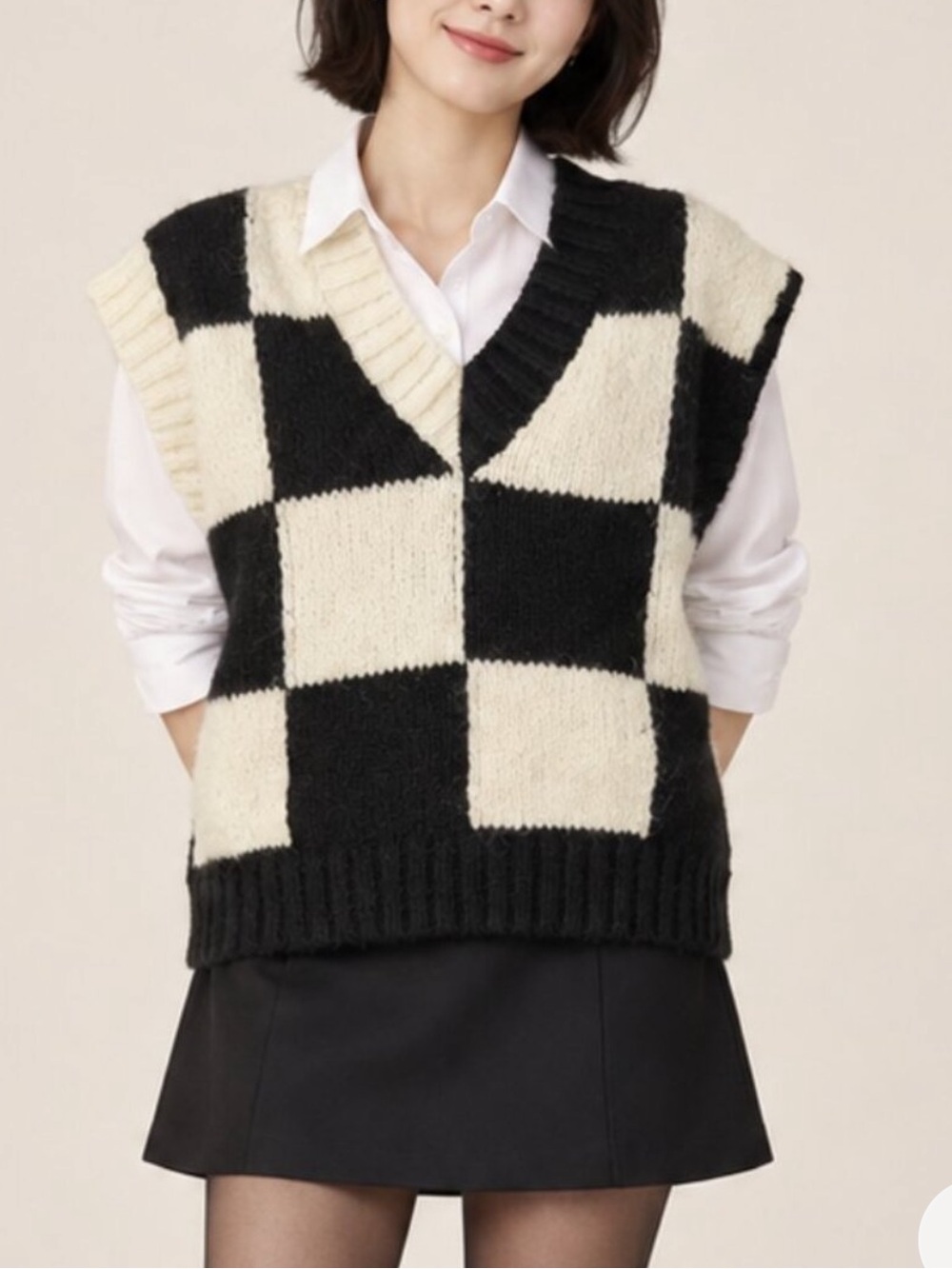ZARA WOMENS BLACK WHITE CHECKERBOARD SWEATER VEST MEDIUM ALPACA 6771/009/070/M